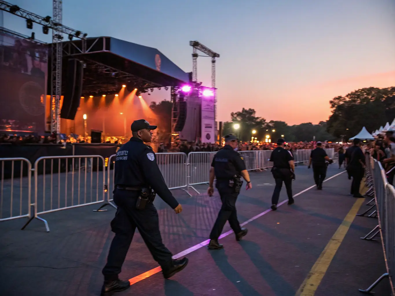 A dynamic shot of security personnel effectively managing crowd control at a large music festival, showcasing their ability to handle large gatherings.
