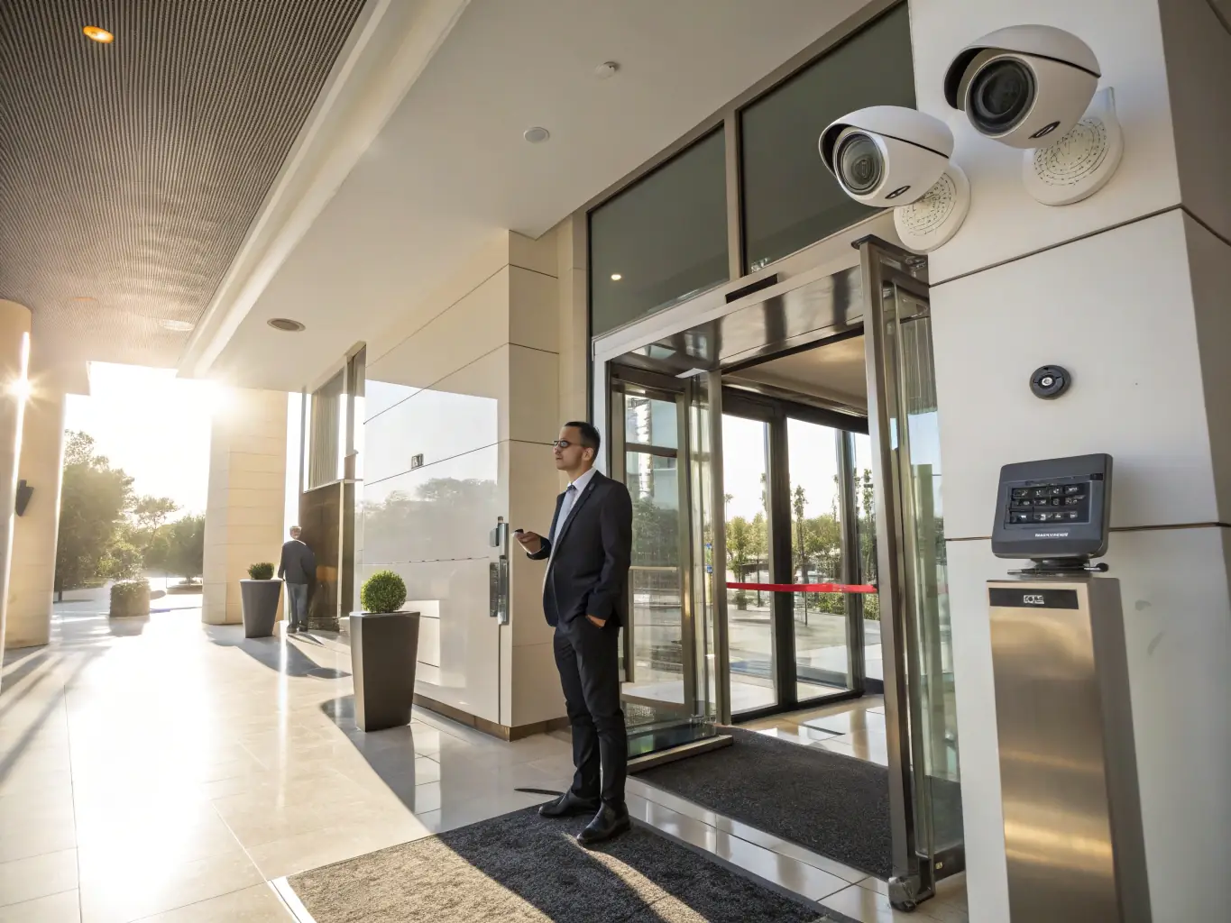A professional security guard standing attentively at the entrance of a high-end hotel, greeting guests with a polite and reassuring presence.