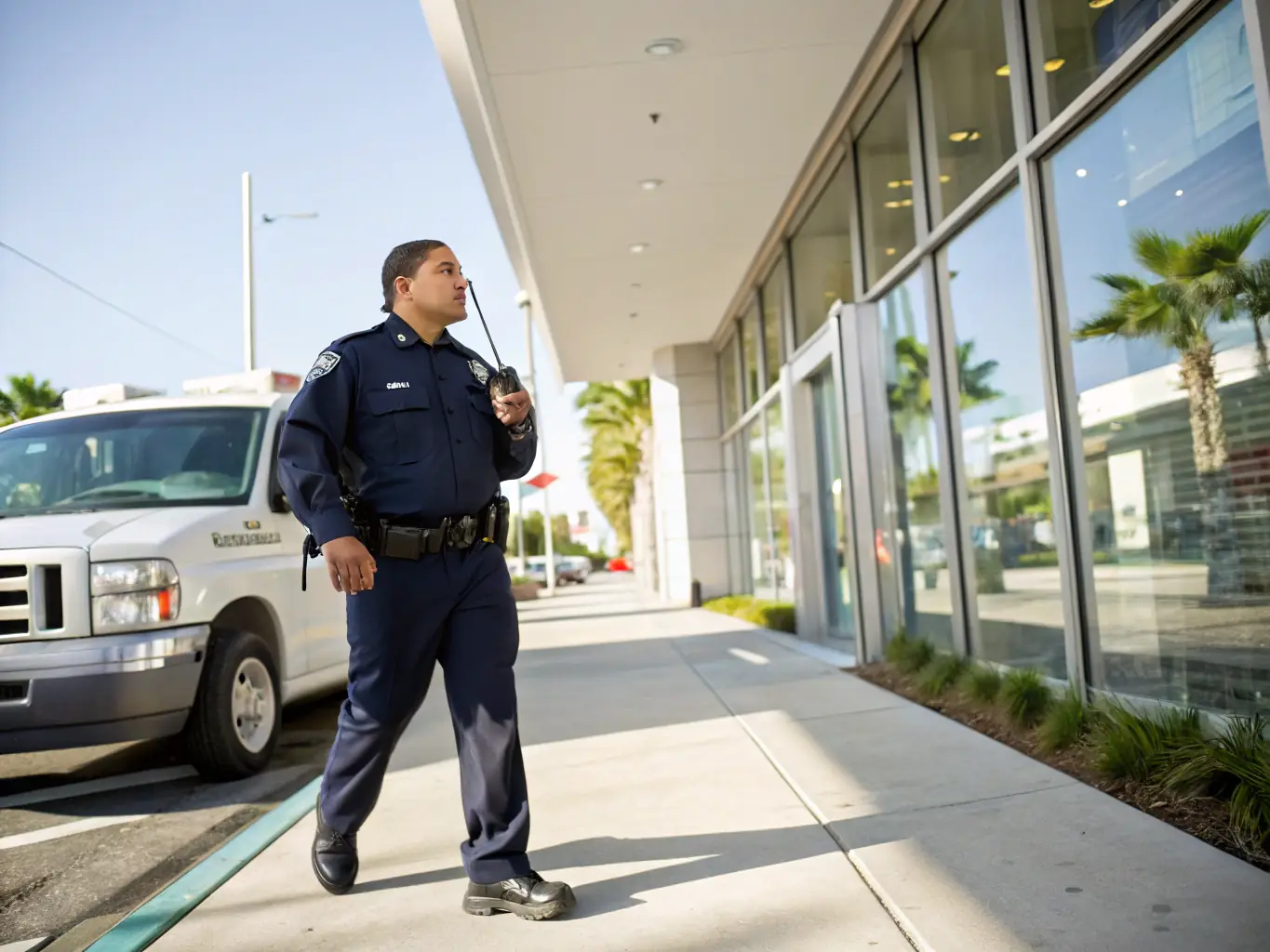 A uniformed security guard patrolling a busy retail store, with visible surveillance cameras in the background, deterring potential theft and ensuring customer safety.